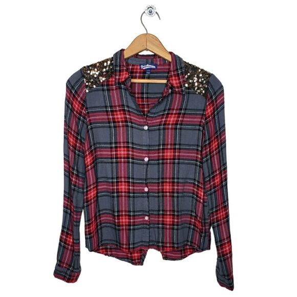 Freshman 1996 Plaid Button-Up Blouse W/ Sequin Bling Shoulders - Picture 2 of 9